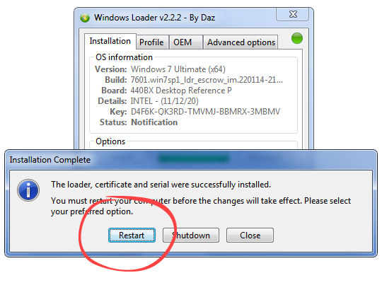 Completing activation in Windows 7 Loader Daz