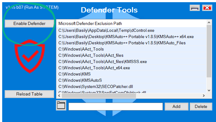 Enable Windows Defender in Defender Tools