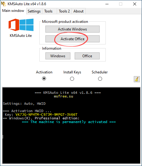 Microsoft Office activation button in KMSAuto Lite