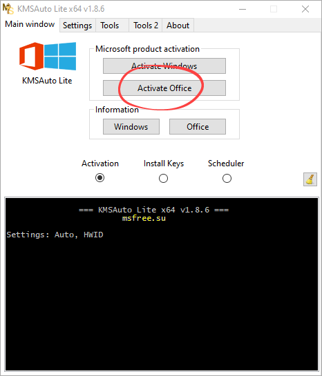 Microsoft Office activation button in KMSAuto Lite