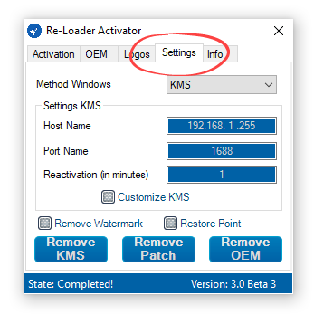 Settings in Re-Loader Activator