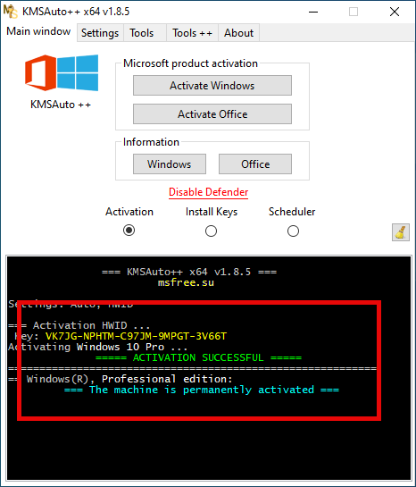 Successful activation of Windows in KMSAuto++