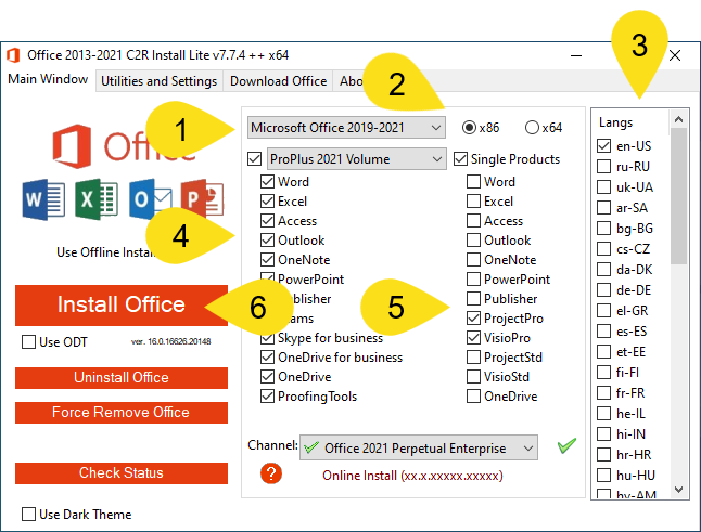 Working with the module for activating Office in KMSAuto++